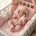 Lifelike 18-inch reborn baby doll wearing a pink dinosaur onesie in a white wooden crib - Full Silicone Body Style / Pink