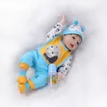 Realistic reborn baby doll in blue and yellow outfit with rhino bib and nursing bottle - Blue / 55 cm