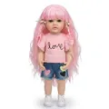 Realistic 22-inch reborn doll with long pink hair, love t-shirt, and heart denim shorts - Pink Long Hair Style (2189)