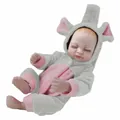 Mini reborn baby doll in grey elephant plush onesie with closed eyes and eyelashes - Closed Eyes Elephant Style / 26cm
