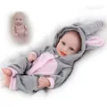Miniature NPK reborn baby doll wearing a cute grey and pink bunny hooded onesie - Smiling Rabbit Style / 26cm