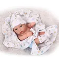 Realistic reborn baby doll in bunny themed white outfit on soft plush background - Blue Boy / 27cm