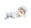 Mini reborn baby doll wearing a blue checkered romper and knitted hat with pompom - Blue Plaid Set (3) / 27cm