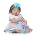 Realistic reborn baby doll in white mesh dress with blue bow and matching bottle - Light Blue Style (With Bottle) / 56cm