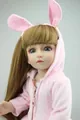 Close-up of cute BJD doll wearing pink plush hoodie with long bunny ears and blue eyes - Full Set Doll (With Pink Rabbit Outfit) / Blue Eye / 45cm