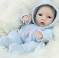Mini realistic reborn baby doll wearing a light blue hooded fleece bunny romper - Light Blue Rabbit Style