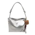 Silver metallic shoulder tote bag with bow decoration and cute plush bear keychain - Silver