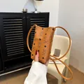 Mini sac seau marron orange avec imprimé ours et texture cuir pour femmes - Marron