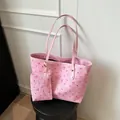 Pink cherry blossom tote bag and pouch set with bow print in soft faux leather - Pink