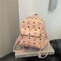 Pink PU leather mini backpack with black bear patterns and golden zippers for girls - Pink