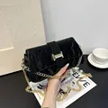 French style black velvet handbag with golden H buckle and beaded chain strap - Black