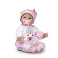 Lifelike 40cm reborn baby doll with pink knit hat, teddy bear shirt, and nursing accessories - Pink / 40 cm