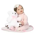 Realistic reborn baby doll in pink knit outfit with plush bear and lace headband - 55 cm / Brown Eyes