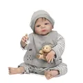 Realistische Reborn-Babypuppe im Streifenoutfit mit Plüschbär und Schnuller in Weiß - Junge Gestreiftes Outfit Stil