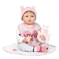 Realistic reborn baby doll with blue eyes, pink hat and a cute plush bunny toy - 55cm Blue Eyes