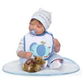 Realistic sleeping reborn baby doll in blue outfit with plush bear and pacifier on cushion - Light Blue Sleeping Style / Standard Size
