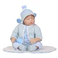 Realistische Reborn-Babypuppe in blauem Strickoutfit mit Schnuller und Flasche - Blauer Strickoutfit-Stil / 55 cm