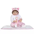 Realistic soft silicone baby doll with brown hair and blue eyes in a white bear outfit - 1507 Style (1507) / Pink and White Outfit