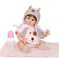 Realistic reborn baby doll in pink puppy outfit with bottle and pacifier on plush mat - Pink and White Striped / 47cm