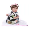 Realistic reborn baby doll in floral shirt and overalls with a small panda plush toy - 40 cm / White
