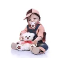 Lifelike reborn baby boy doll in orange plaid shirt and denim overalls with teddy bear - Reborn Boy (1507 Denim Boy) / Colorful