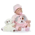 Realistic sleeping reborn baby doll in pink stripe outfit with teddy bear toy - Pink / 55 cm