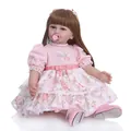 Realistic reborn girl doll with long brown hair in a floral pink lace princess dress - Pink Princess Dress Style / 55 cm
