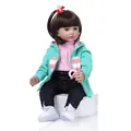 60cm realistic reborn toddler girl doll with long brown hair and mint green hoodie - Mint Green Hoodie Style / 60CM / White