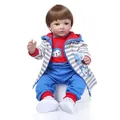 Realistic reborn toddler doll with brown hair in a striped hoodie and monkey t-shirt - White / 60 cm