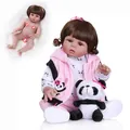 Realistic 48cm full silicone reborn baby doll with pink panda outfit and plush toy - Curly / Blue Eye