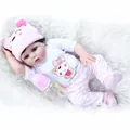 Detailed view of 47cm lifelike reborn baby doll in pink kitten outfit with feeding bottle - Pink