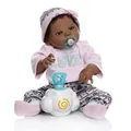 Detail of reborn baby doll in pink love outfit with magnetic pacifier and elephant toy - Deep Skin Tone (Pink Outfit) / 56cm