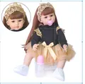 Realistic reborn toddler doll with long brown hair in gold lace and pink dress outfit - Gold Lace Champagne Tutu Set