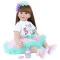 Reborn princess toddler doll with long brown hair, mermaid outfit and pink accessories - Mermaid Print Patchwork Tutu Set
