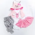 Baby doll clothing set with pink bunny hooded cloak, white bodysuit, pants and skirt - Rabbit Theme (47cm) / Pink