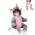 Lifelike baby doll wearing a grey elephant plush onesie with pacifier and diaper - Red