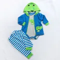 Tenue de poupée dinosaure 3 pièces avec sweat à capuche vert et pantalon rayé - Vert