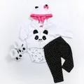 Four-piece panda baby doll outfit with hooded jacket, bodysuit, pants, and matching soft shoes - Panda Theme (47cm) / Black