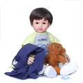 Realistic 60cm reborn toddler boy doll with brown hair, blue jacket and teddy bear - Brown Eye / Brown Hair