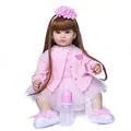 Reborn baby doll with brown hair in pink knit cardigan and lace tutu dress set - Style 2