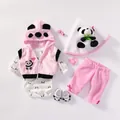 55cm baby doll clothes set featuring pink panda themed vest and accessories - Hooded Vest Bodysuit Pants Hat Shoes Pacifier Hairpin Set / Panda Style (Fig 2) / 45-55cm