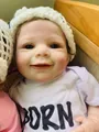 Realistic reborn twin doll with smiling facial details and white cotton bodysuit - 55 cm / Open Eyes Style / White