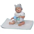 Detailed view of 48cm reborn doll with dino bib, knit hat, bottle and pacifier accessories - Light Blue Dinosaur Set Style (1636 Dinosaur) / 48cm