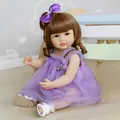Lifelike 55cm soft silicone waterproof baby doll in purple lace dress with brown hair - 55cm / Brown Eyes Style / Brown Hair