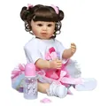 55cm reborn toddler doll with brown curls, pink tutu dress and feeding accessories - Blue Eye / White T-shirt with Rainbow Tutu (Style 3)