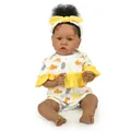 22 inch lifelike black reborn baby doll Saskia in yellow dinosaur print outfit - Black Baby Dinosaur Romper Style / Blue Eyes