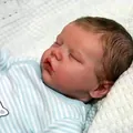 Realistic 18-inch reborn baby doll sleeping in blue striped onesie on a white knit blanket - Blue And White Striped Baby Jumpsuit