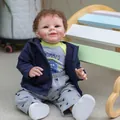 Lifelike 55CM Reborn Baby Doll Shaya Boy with brown curls and blue hooded jacket - Blue Eyes Dinosaur Outfit(2) / 55 cm