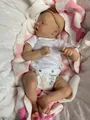 Sleeping 18-inch Reborn baby doll TWINA in white bodysuit and soft headwrap - White Jumpsuit With Light Brown Headband