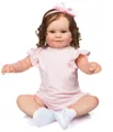 Realistic toddler girl reborn doll Maddie in pink romper and pearl headband - Cloth Body (Fifty Centimeter) / Brown